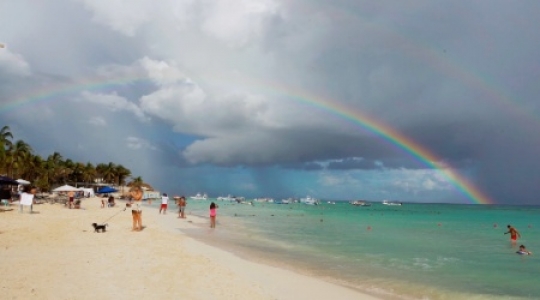 Playa Del Carmen beach double rainbow pan right - 1