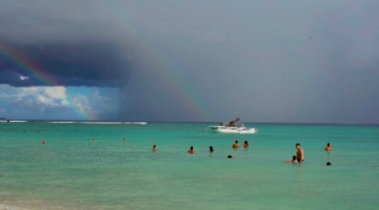 Playa Del Carmen beach double rainbow pan right - 1 slo mo